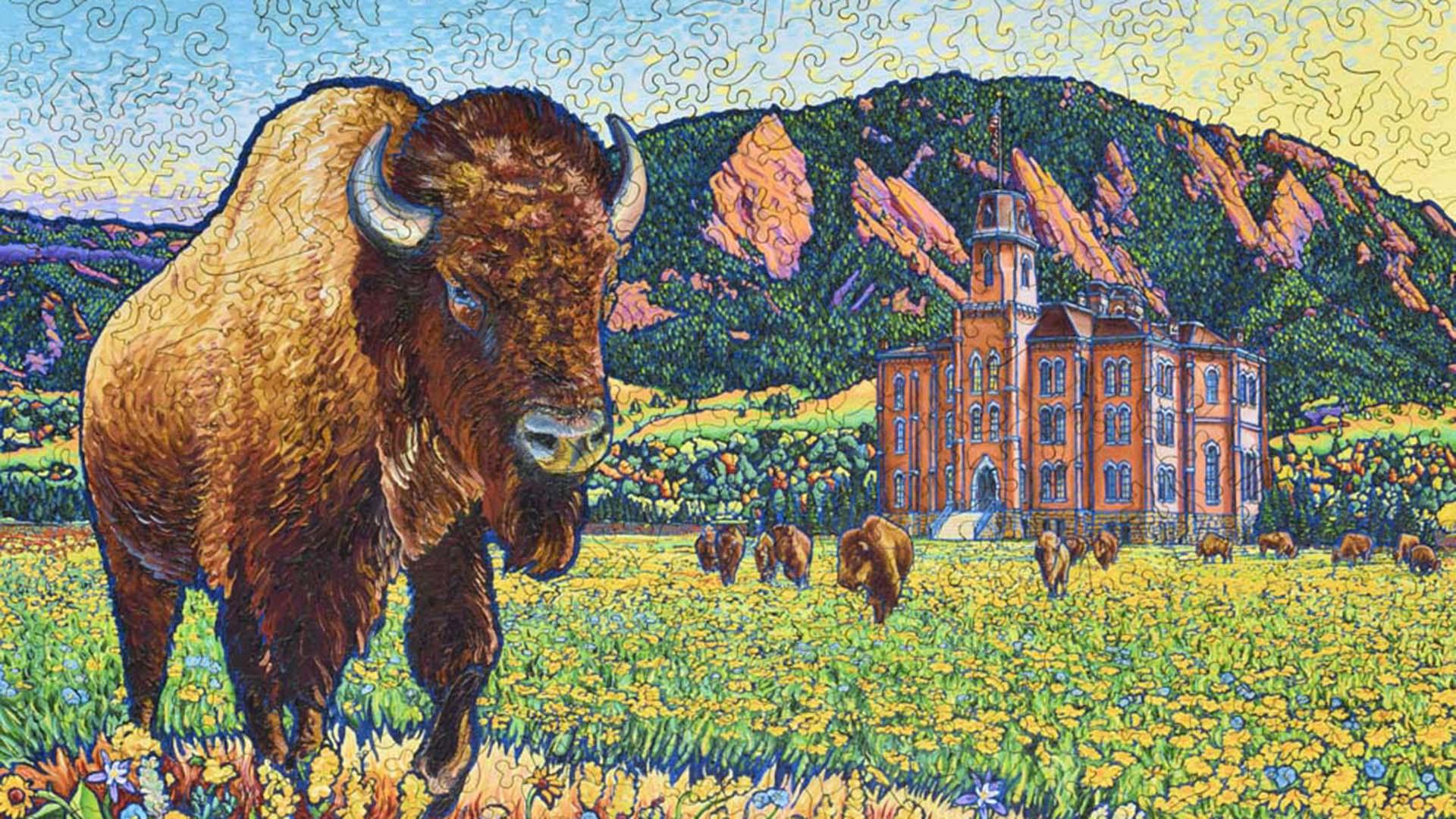 puzzle of illustrated CU campus and a herd of buffalos 